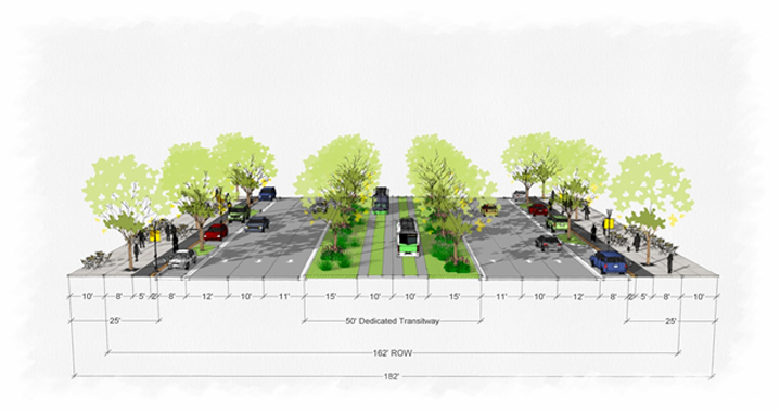 drawing of busy intersection with people walking