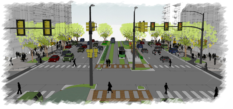 drawing of busy intersection with people walking